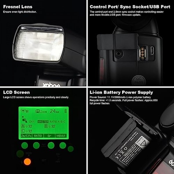 Godox V860II-N I-TTL GN60 2.4G 고속 동기화 1/8000s 리튬 이온 배터리 카메라 플래시 스피드라이트 스피드라이트 Nikon 카메라와 호환 가능(15x17cm 소프트박스 및 필터 및 USB LED 