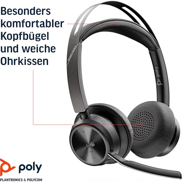 Poly - Voyager Focus 2 UC USB-A 헤드셋(Plantronics) - 붐 마이크가 있는 Bluetooth 이중 귀(스테레오) 헤드셋 - USB-A PC/Mac 호환 - 능동형 소음 제거 - Teams(인증), Zoom 등과 함께 작동 Mic