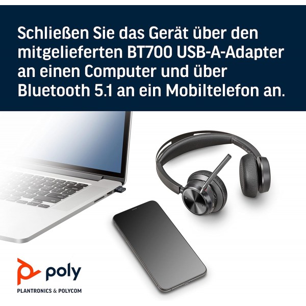 Poly - Voyager Focus 2 UC USB-A 헤드셋(Plantronics) - 붐 마이크가 있는 Bluetooth 이중 귀(스테레오) 헤드셋 - USB-A PC/Mac 호환 - 능동형 소음 제거 - Teams(인증), Zoom 등과 함께 작동 Mic