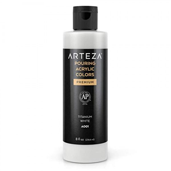 ARTEZA 아크릴 푸어링 페인트, 8온스(236ml), A001 티타늄 화이트, 고유량 아크릴 페인트, 혼합 필요 없음, 캔버스, 유리, 종이, 목재, 타일 및 돌에 붓는 페인트
