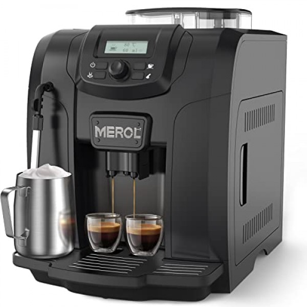MEROL 자동 에스프레소 커피 머신, 19 바 바리스타 펌프 커피 메이커, 그라인더 및 카푸치노 라떼 마키아토용 수동 우유 거품기 스팀 완드, 블랙, Pefect 선물