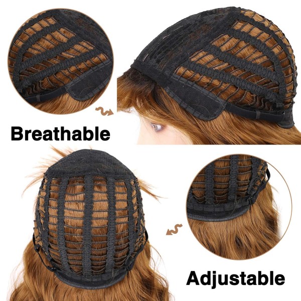 Huarisi 14” 옹 브르 가발 프린지 물결 모양의 곱슬 합성 머리 가발 짧은 여성용 Auburn 사실적인 색상 Natural Black Roots Dark Auburn 내열성 섬유 가발 시뮬레이션 두피 포함 14 