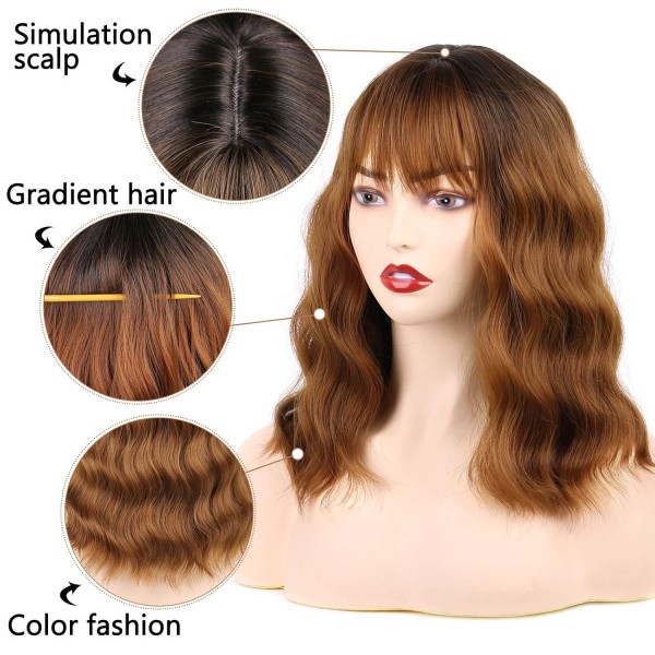 Huarisi 14” 옹 브르 가발 프린지 물결 모양의 곱슬 합성 머리 가발 짧은 여성용 Auburn 사실적인 색상 Natural Black Roots Dark Auburn 내열성 섬유 가발 시뮬레이션 두피 포함 14 