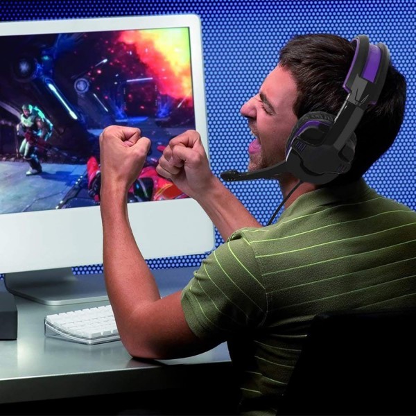 Geekria Sades SA-930 Google Stadia PS4 Xbox One 노트북 태블릿 PC 휴대폰용 마이크 및 볼륨 조절 기능이 있는 3.5mm 게임용 헤드셋 소음 차단 스테레오 음악 헤드폰(보라색)