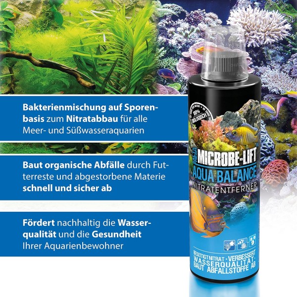 MICROBE-LIFT Aqua Balance - 수족관 청소, 물 교체 횟수 감소, 질산염 제거, 담수 및 해수, 473ml 싱글