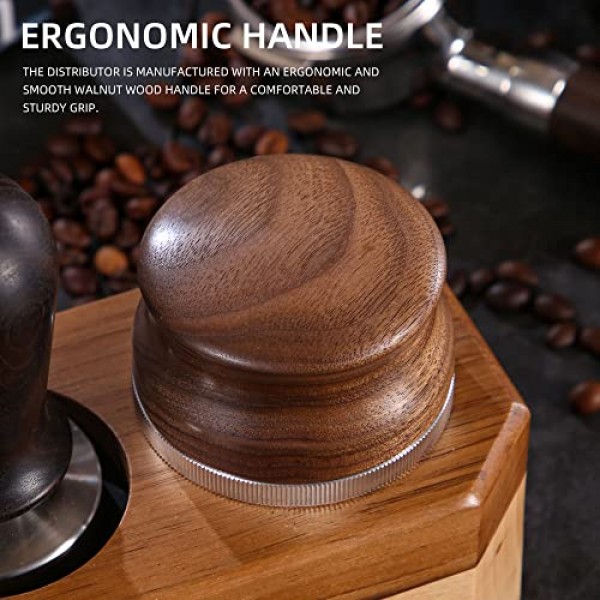 53mm 커피 분배기, 에스프레소 분배 도구, 54mm Breville Barista Portafilter에 맞는 호두 나무 손잡이가있는 조절 가능한 깊이 에스프레소 탬퍼 레벨러