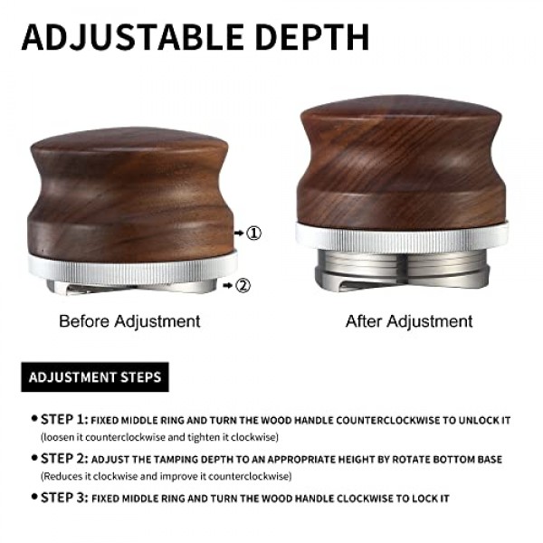 53mm 커피 분배기, 에스프레소 분배 도구, 54mm Breville Barista Portafilter에 맞는 호두 나무 손잡이가있는 조절 가능한 깊이 에스프레소 탬퍼 레벨러
