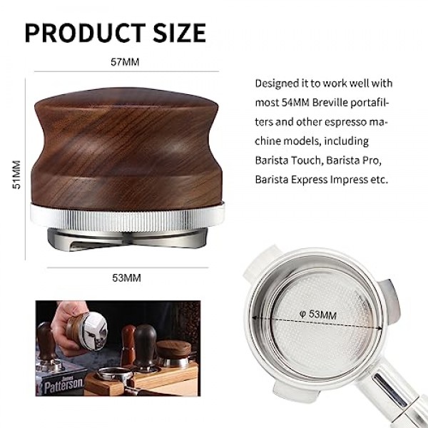 53mm 커피 분배기, 에스프레소 분배 도구, 54mm Breville Barista Portafilter에 맞는 호두 나무 손잡이가있는 조절 가능한 깊이 에스프레소 탬퍼 레벨러