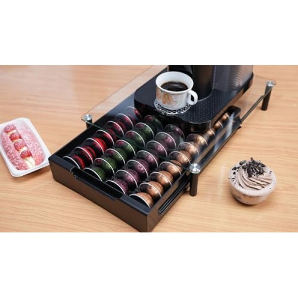 Nespresso Vertuoline 캡슐과 호환되는 유리 커피 포드 서랍 홀더 주최자, 40개의 큰 포드 또는 52개의 포드 보유, NP01C
