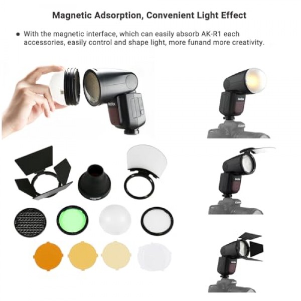 Godox V860II V860III V850III V850II TT685 TT685II TT600 TT560II TT520II, YONGNUO 스피드라이트, Canon Nikon Sony Speedlight용 Godox S-R1 플래시 헤드 어댑터가 포함된 Godox AK-R1 라운드 헤드 액세