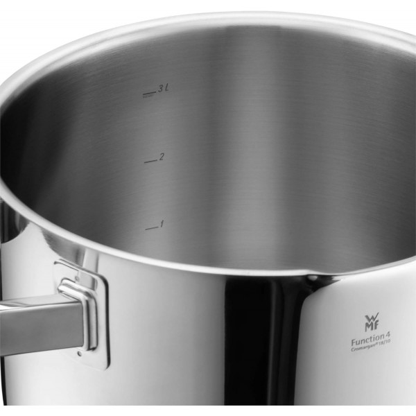WMF Function 4 캐서롤 스몰 20cm, 캐서롤 인덕션 2.5l, 유리뚜껑, 크로마간 폴리싱 스테인리스스틸, 4가지 붓기 기능, 내부 저울, 레드