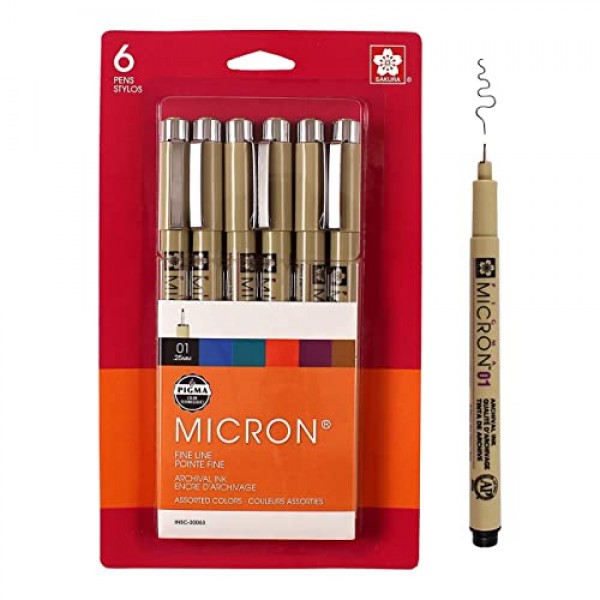 SAKURA Pigma Micron Fineliner 펜 - 보관용 검정색 및 컬러 잉크 펜 - 쓰기, 그리기 또는 저널링용 펜 - 검정색 및 다양한 컬러 잉크 - 01 포인트 크기 - 6 팩