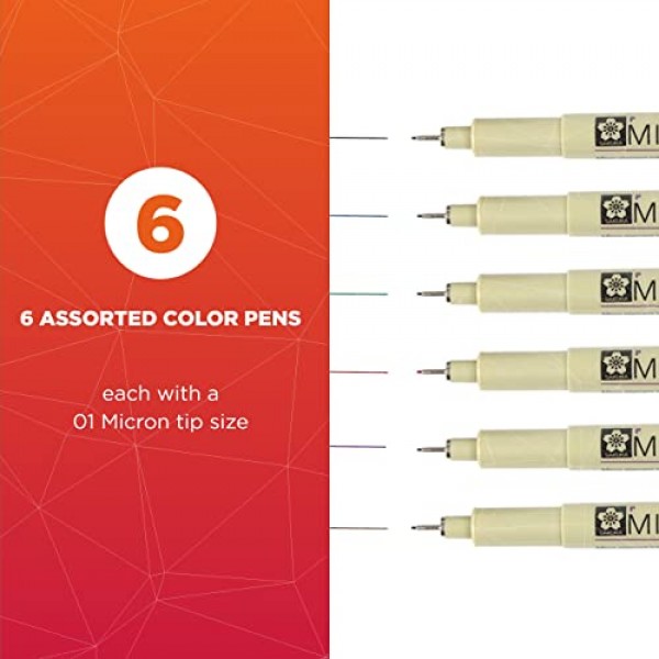 SAKURA Pigma Micron Fineliner 펜 - 보관용 검정색 및 컬러 잉크 펜 - 쓰기, 그리기 또는 저널링용 펜 - 검정색 및 다양한 컬러 잉크 - 01 포인트 크기 - 6 팩