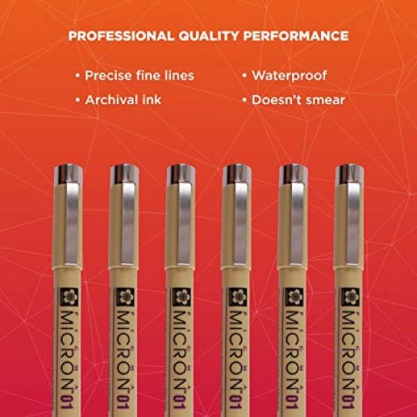 SAKURA Pigma Micron Fineliner 펜 - 보관용 검정색 및 컬러 잉크 펜 - 쓰기, 그리기 또는 저널링용 펜 - 검정색 및 다양한 컬러 잉크 - 01 포인트 크기 - 6 팩