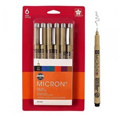 SAKURA Pigma Micron Fineliner 펜 - 보관용 검정색 및 컬러 잉크 펜 - 쓰기, 그리기 또는 저널링용 펜 - 검정색 및 다양한 컬러 잉크 - 01 포인트 크기 - 6 팩