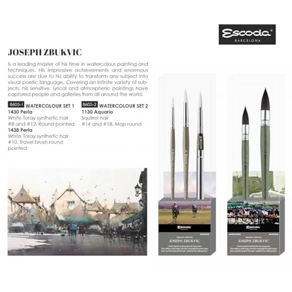 Escoda 시그니처 시리즈 아티스트 수채화 브러쉬 세트, Joseph Zbukvic 세트 #2, 아쿠아리오 다람쥐, 사이즈(둥근 걸레) 14, 18