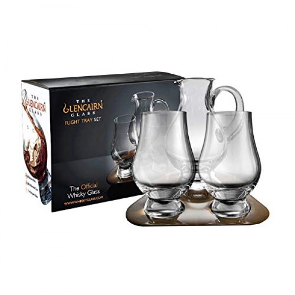 Glencairn - 공식 Glencairn 위스키 잔(2) 및 물병 비행 트레이 선물 세트 - 남성 및 여성용 시음용 위스키 잔 세트