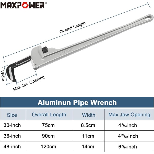 파이프 렌치 900mm, MAXPOWER 36인치 알루미늄 직선 파이프 렌치 헤비 듀티 배관 렌치 파이프 스패너 스틸슨