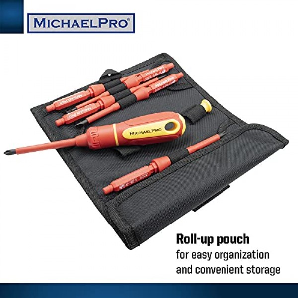 MichaelPro 절연 드라이버 세트, 교체 가능한 블레이드가 있는 1000볼트 절연 드라이버, 도구 파우치, 전기 기술자용 드라이버 절연 도구, 8피스 일자형 및 십자 드라이버 