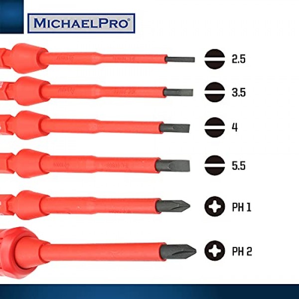 MichaelPro 절연 드라이버 세트, 교체 가능한 블레이드가 있는 1000볼트 절연 드라이버, 도구 파우치, 전기 기술자용 드라이버 절연 도구, 8피스 일자형 및 십자 드라이버 