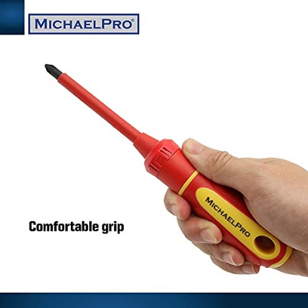 MichaelPro 절연 드라이버 세트, 교체 가능한 블레이드가 있는 1000볼트 절연 드라이버, 도구 파우치, 전기 기술자용 드라이버 절연 도구, 8피스 일자형 및 십자 드라이버 