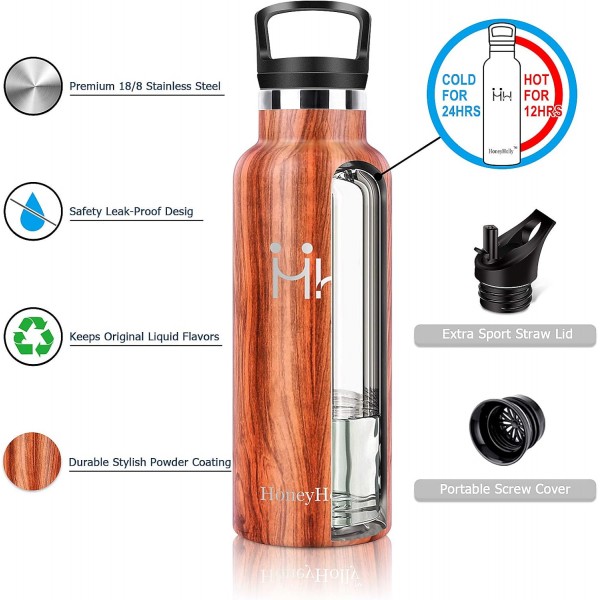 HoneyHolly 진공 단열 스테인레스 스틸 마시는 병 600ml, BPA 무료 물병 누출 방지 보온병 병, 어린이, 어린이, 학교, 스포츠, 자전거에 적합한 탄산 보온병 플라스크 20oz/600ML