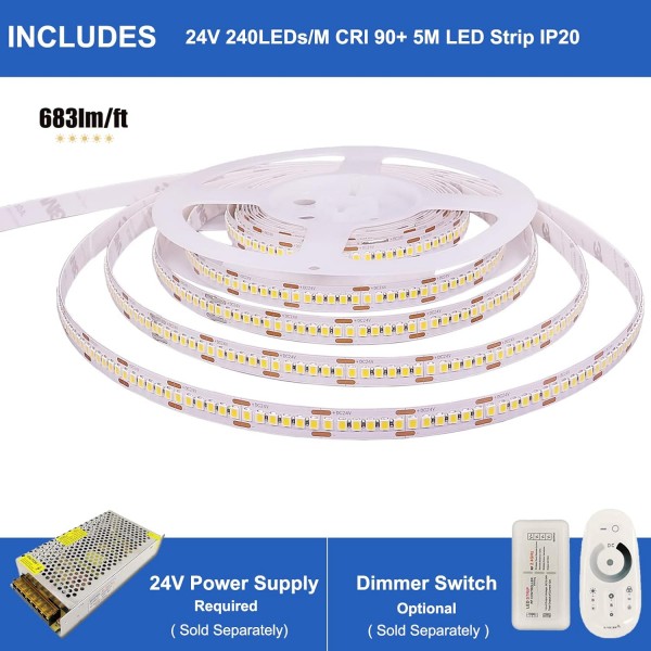 JOYLIT 24V LED 스트립 조명 5M 3000K 웜 화이트 2240lm/M 울트라 브라이트 IP20 비방수, CE UL 등록 프리미엄 CRI 90+ 1200LED 2835SMD 주거용, 상업용 자체 접착 실내 테이프 조명