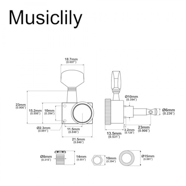 Musiclily Pro 6인라인 2핀 기타 잠금 튜너 머신 헤드 튜닝 페그 키 세트 Fender Strat/Tele, Black