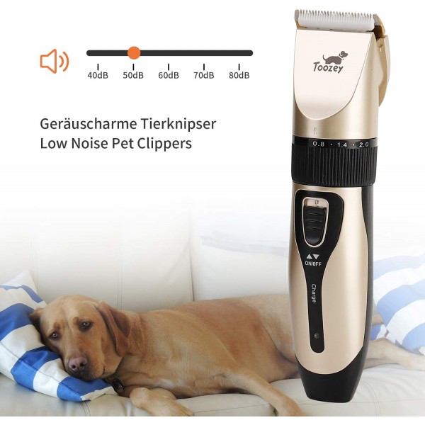 Toozey Quiet Clipper Dog and Cat for Thick/Long/Short/Curly - 충전식 무선 애완 동물 헤어 트리머 - 모든 애완 동물을 위한 전문 헤어 클리퍼 그루밍 키트(골든)
