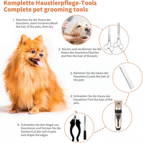 Toozey Quiet Clipper Dog and Cat for Thick/Long/Short/Curly - 충전식 무선 애완 동물 헤어 트리머 - 모든 애완 동물을 위한 전문 헤어 클리퍼 그루밍 키트(골든)