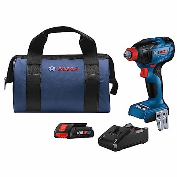 BOSCH GDX18V-1860CB15 18V 연결 가능 투인원 1/4인치 그리고 1/2인치. 비트/소켓 임팩트 드라이버/렌치 키트(1) CORE18V 4 Ah 고급 전원 배터리 포함