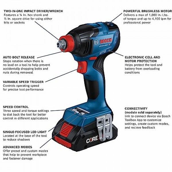 BOSCH GDX18V-1860CB15 18V 연결 가능 투인원 1/4인치 그리고 1/2인치. 비트/소켓 임팩트 드라이버/렌치 키트(1) CORE18V 4 Ah 고급 전원 배터리 포함