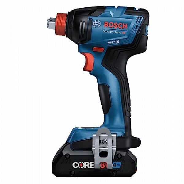 BOSCH GDX18V-1860CB15 18V 연결 가능 투인원 1/4인치 그리고 1/2인치. 비트/소켓 임팩트 드라이버/렌치 키트(1) CORE18V 4 Ah 고급 전원 배터리 포함