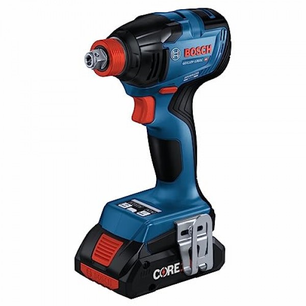 BOSCH GDX18V-1860CB15 18V 연결 가능 투인원 1/4인치 그리고 1/2인치. 비트/소켓 임팩트 드라이버/렌치 키트(1) CORE18V 4 Ah 고급 전원 배터리 포함