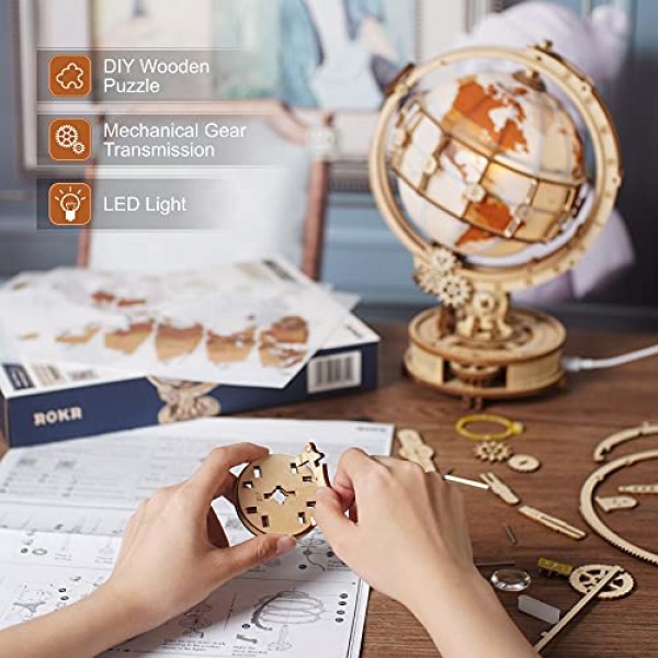 ROKR 3D 나무 퍼즐 스탠드가 있는 조명 글로브 180pcs 3D 퍼즐 내장 LED 모델 키트 성인/청소년을위한 취미 선물 홈 장식