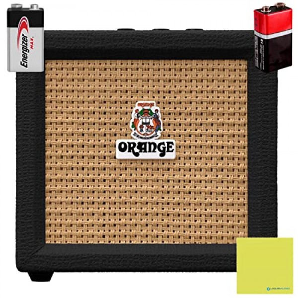 Orange Crush Amp(블랙) 미니 3W 아날로그 콤보 배터리 구동 앰프 번들(배터리 2개 및 액체 오디오 폴리싱 천 포함) - 휴대용 연습용 앰프, 미니 스피커 앰프, 일렉트릭 기타 