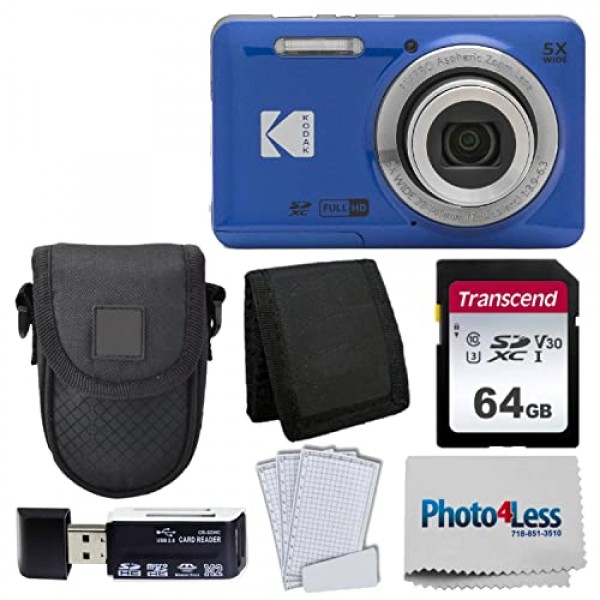 Kodak PIXPRO FZ55 디지털 카메라(블루) + 블랙 포인트 앤 샷 카메라 케이스 + 트랜센드 64GB SD 메모리 카드 + 3단 접이식 메모리 카드 지갑 + 고속 SD USB 카드 리더 + 기타!