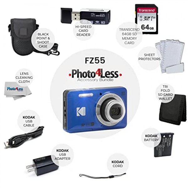 Kodak PIXPRO FZ55 디지털 카메라(블루) + 블랙 포인트 앤 샷 카메라 케이스 + 트랜센드 64GB SD 메모리 카드 + 3단 접이식 메모리 카드 지갑 + 고속 SD USB 카드 리더 + 기타!