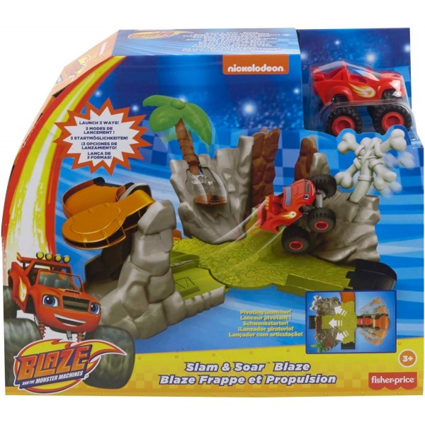 FISHER-PRICE Nickelodeon Blaze Slam & Soar Blaze - 시작 옵션 3개와 파괴 대상 3개가 있는 액션으로 가득 찬 레이스 트랙, 3세 이상의 어린이용, HRB31