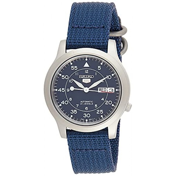 남성용 SNK807 SEIKO 5 자동 스테인리스 스틸 시계, 블루 캔버스 밴드 포함