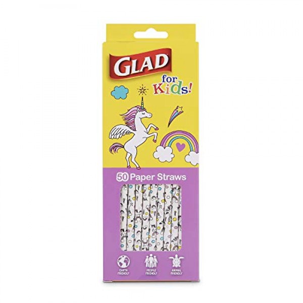 어린이를 위한 GLAD 종이 빨대 | 아이들을 위한 재미있고 사랑스러운 디자인의 유니콘 종이 빨대 | 일회용 종이 빨대 50개 | 어린이용 빨대