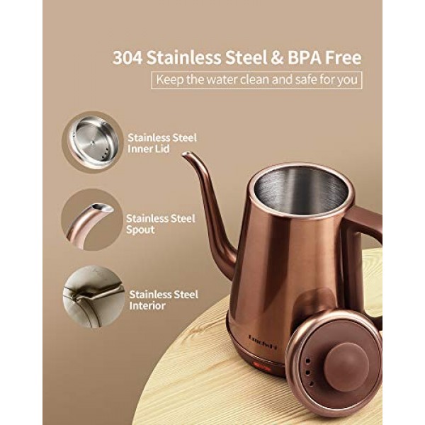 DmofwHi 1000W 구즈넥 전기 주전자(1.0L), 자동 차단 보호 기능이 있는 100% 스테인레스 스틸 BPA 프리 차 주전자, 커피 주전자 위에 붓기 - 구리