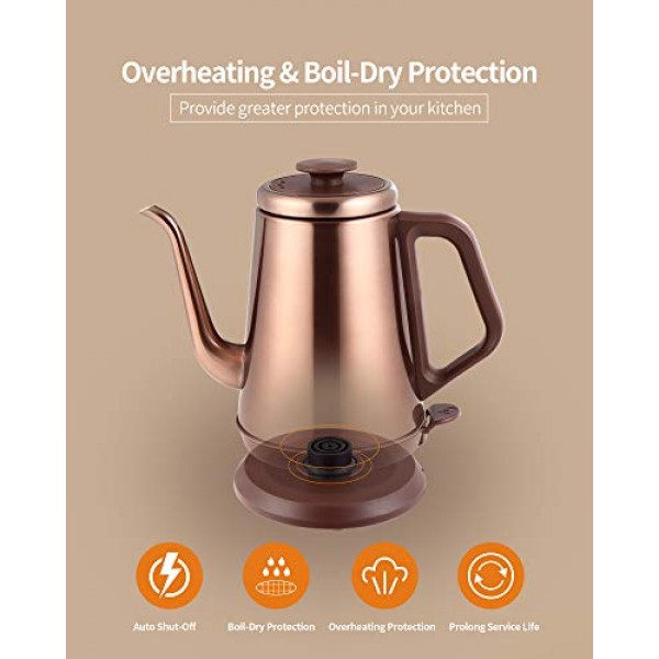 DmofwHi 1000W 구즈넥 전기 주전자(1.0L), 자동 차단 보호 기능이 있는 100% 스테인레스 스틸 BPA 프리 차 주전자, 커피 주전자 위에 붓기 - 구리
