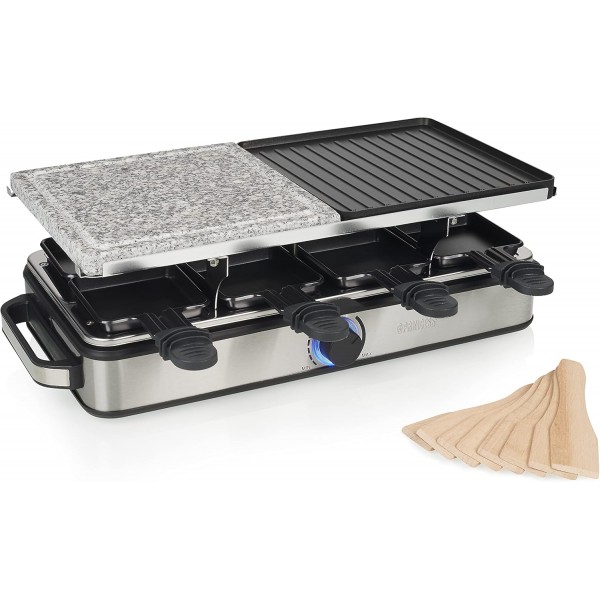 Princess Raclette Grill Deluxe - 스톤 및 알루미늄 플레이트 포함, 양면, 8인용, 라클렛 팬, 1400W, 온도 조절기, 스테인리스 스틸, 브러시드, 162635 스톤 플레이트 포함