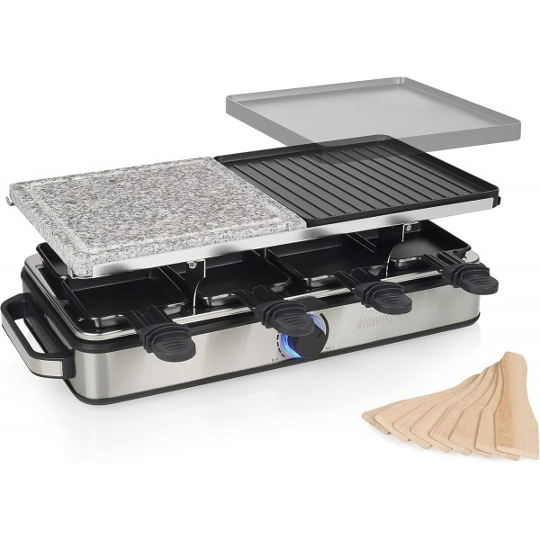 Princess Raclette Grill Deluxe - 스톤 및 알루미늄 플레이트 포함, 양면, 8인용, 라클렛 팬, 1400W, 온도 조절기, 스테인리스 스틸, 브러시드, 162635 스톤 플레이트 포함