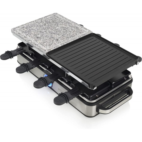 Princess Raclette Grill Deluxe - 스톤 및 알루미늄 플레이트 포함, 양면, 8인용, 라클렛 팬, 1400W, 온도 조절기, 스테인리스 스틸, 브러시드, 162635 스톤 플레이트 포함
