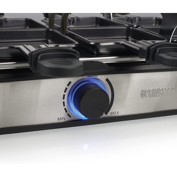 Princess Raclette Grill Deluxe - 스톤 및 알루미늄 플레이트 포함, 양면, 8인용, 라클렛 팬, 1400W, 온도 조절기, 스테인리스 스틸, 브러시드, 162635 스톤 플레이트 포함