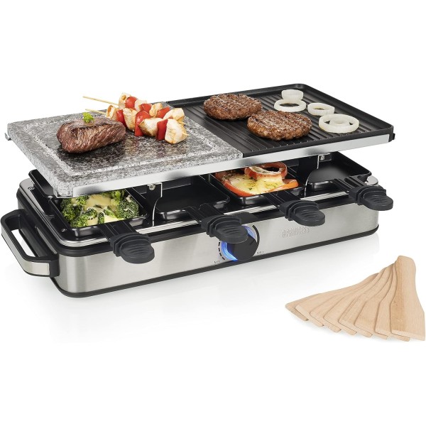 Princess Raclette Grill Deluxe - 스톤 및 알루미늄 플레이트 포함, 양면, 8인용, 라클렛 팬, 1400W, 온도 조절기, 스테인리스 스틸, 브러시드, 162635 스톤 플레이트 포함
