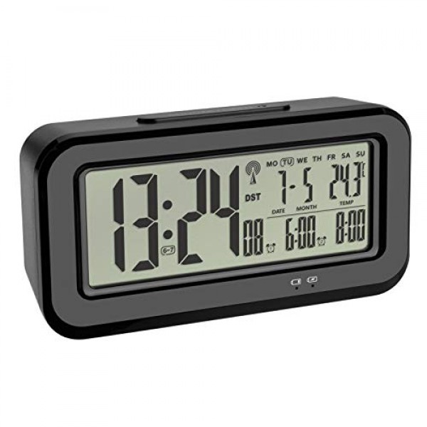 TFA Dostmann Boxx 디지털 무선 알람 시계(실내 온도 포함) USB 충전식 플라스틱 검정색 L 142 x W 45 x H 73 mm