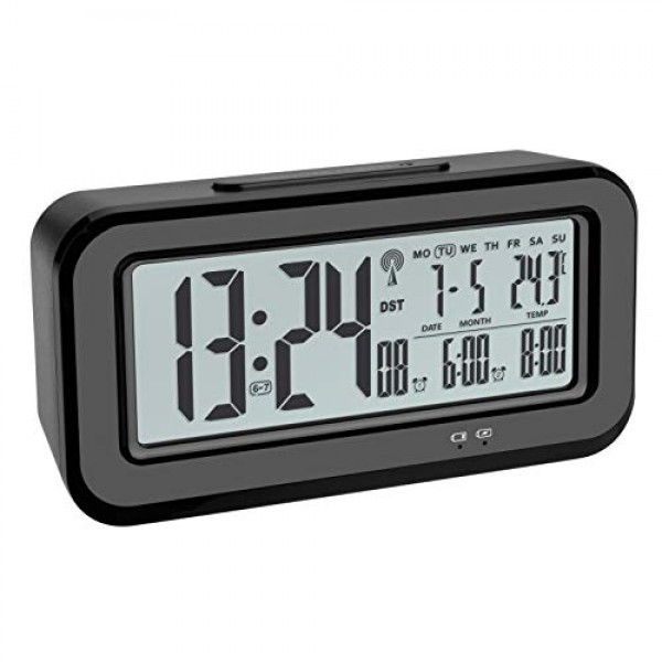 TFA Dostmann Boxx 디지털 무선 알람 시계(실내 온도 포함) USB 충전식 플라스틱 검정색 L 142 x W 45 x H 73 mm